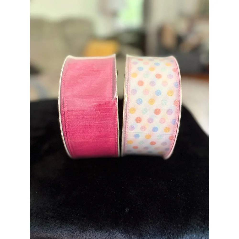 Member's Mark Premium Wired Ribbon 2.5in x 50yd Pink & Glitter Polka Dot 2pk
